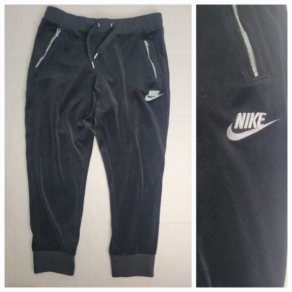 NIKE Sportwear Velour Joggers Pants Womens SZ Xl Black Drawstring Logo 921151 - Picture 1 of 9